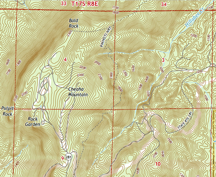 Topo Map of Blue Mountain Shelter & Cheaha SP Area