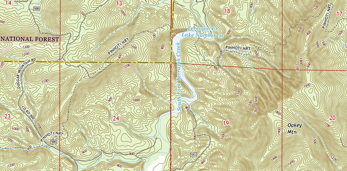 Topo Map, FR500, N Dugger Shelter, Terrapin Watershed, Oakey Mountain Shelter